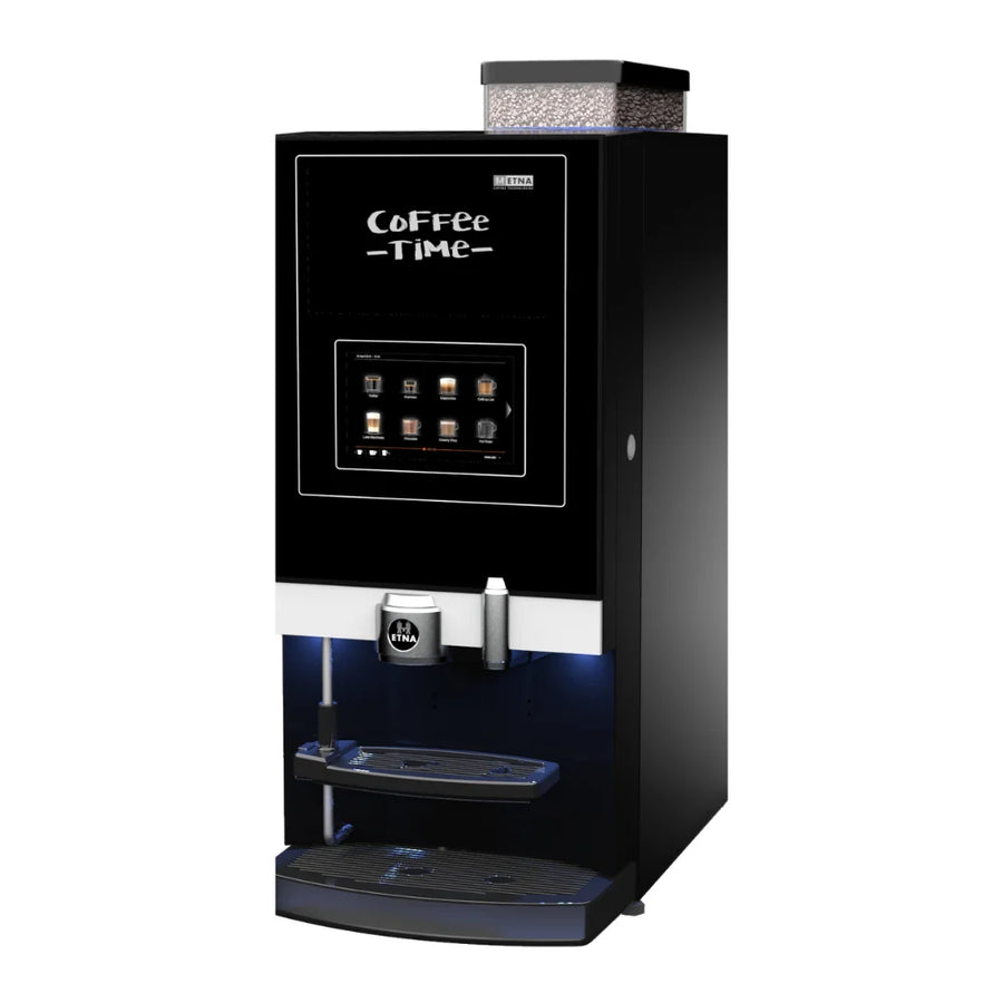 BUB Espresso M Touch koffieautomaat van Etna, schuin vooraanzicht met touchscreen en bonenreservoir