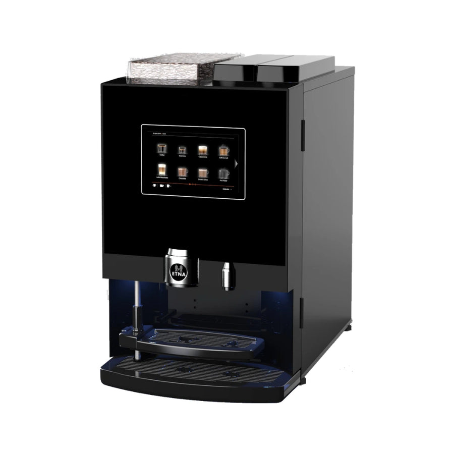 BUB Espresso S Touch koffieautomaat met touchscreen en bonenreservoir, schuin vooraanzicht
