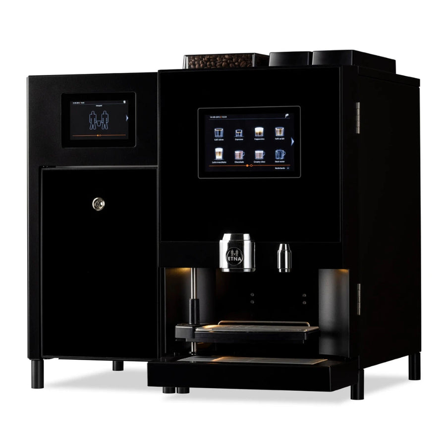 BUB Espresso S Melk koffieautomaat van Etna met losse melkkoeler, schuin vooraanzicht met touchscreens