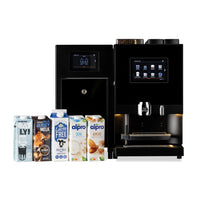 BUB Espresso S Melk koffieautomaat met melkkoeler en pakken koemelk, lactosevrije en plantaardige melk