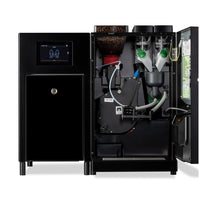 BUB Espresso S Melk koffieautomaat met geopende deur, binnenkant met zetgroep, bonenbak en mixers
