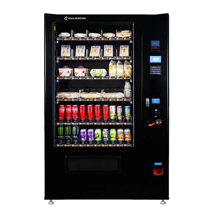 DGA Lynova 10 Classic snackautomaat vooraanzicht met snacks, broodjes en blikjes achter glas