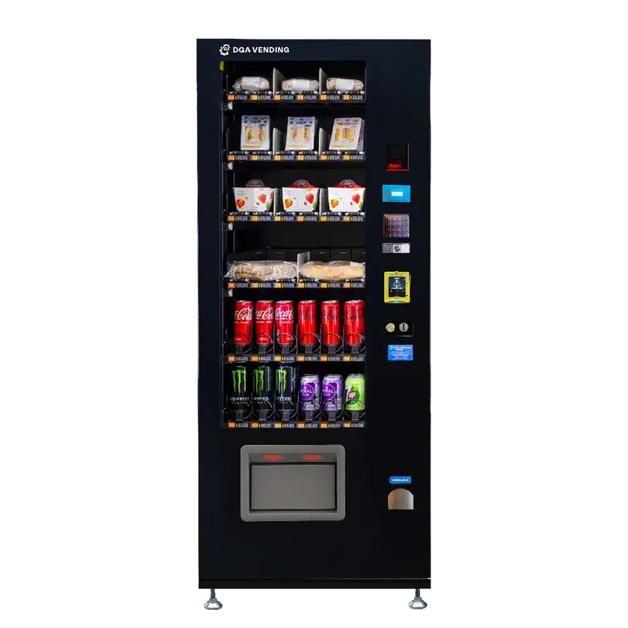 DGA Lynova 6 Classic schmaler Snackautomat Vorderansicht mit Snacks, Sandwiches und Dosen