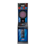 Löwen Dart HB10 dartautomaat in blauw, vooraanzicht met dartbord, scorescherm en betaalgedeelte
