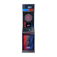 Löwen Dart HB10 dartautomaat in rood-blauw design, vooraanzicht met dartbord en scorescherm