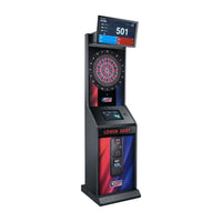 Löwen Dart HB10 dartautomaat in rood-blauw design, schuin vooraanzicht van links