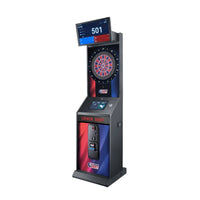 Löwen Dart HB10 dartautomaat in rood-blauw design, schuin vooraanzicht van rechts