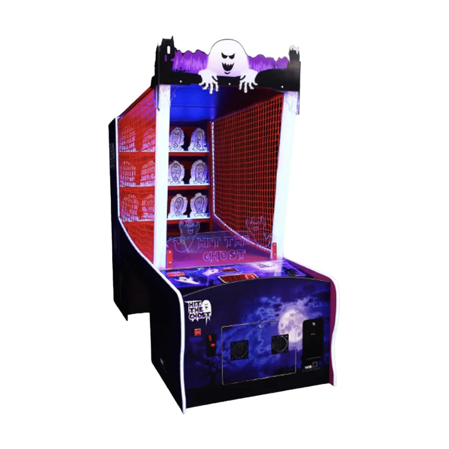 WIK Hit the Ghost arcadeautomaat met spookthema, doelen achter netten en paarse verlichting