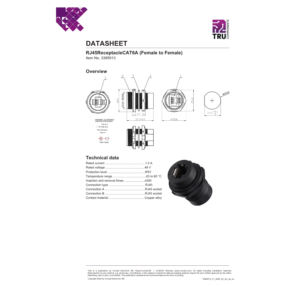 RJ45 Buchsengehäuse, Buchse auf Buchse, Frontmontage, IP67