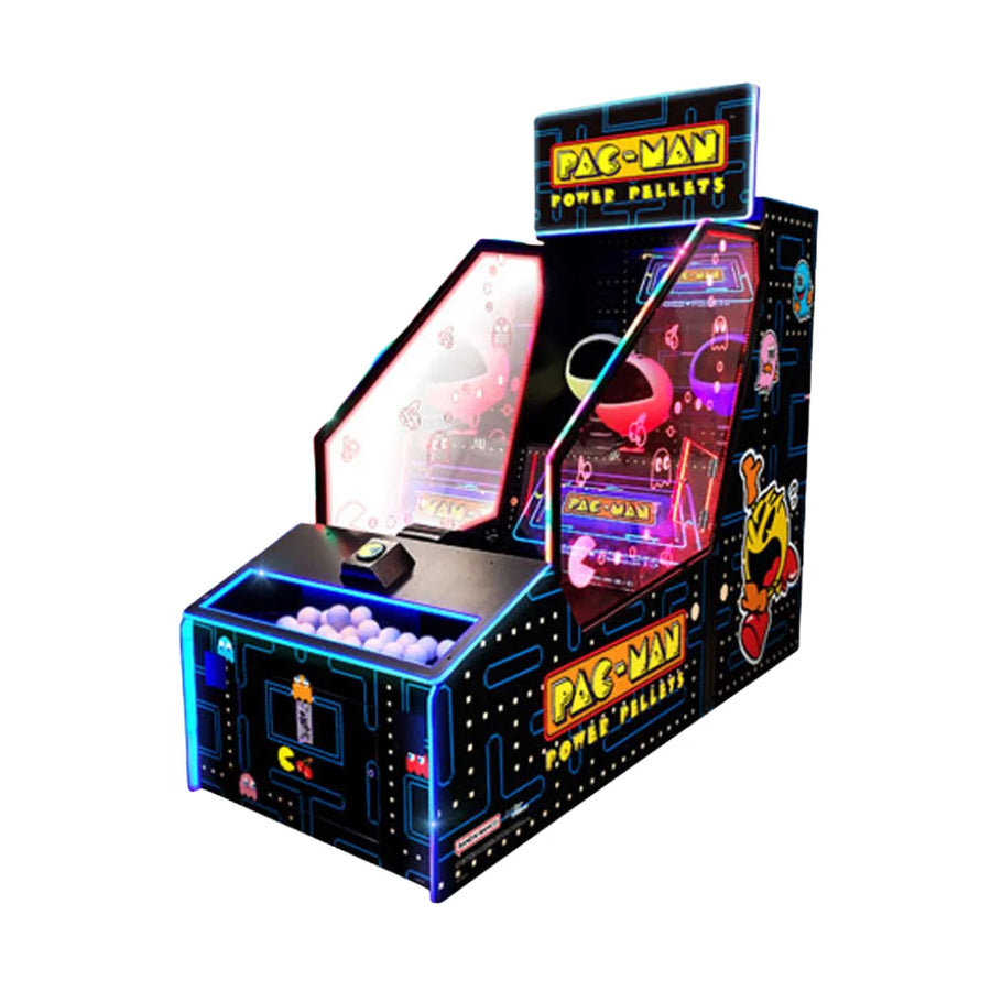 Bandai Namco PAC-MAN Power Pellets arcadeautomaat met ballenbak en verlichte speelkast, schuin vooraanzicht