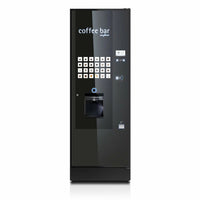 BUB Freestanding Kaffeeautomat mit schwarzer Glasfront, Frontansicht mit Wahltasten und Ausgabefach