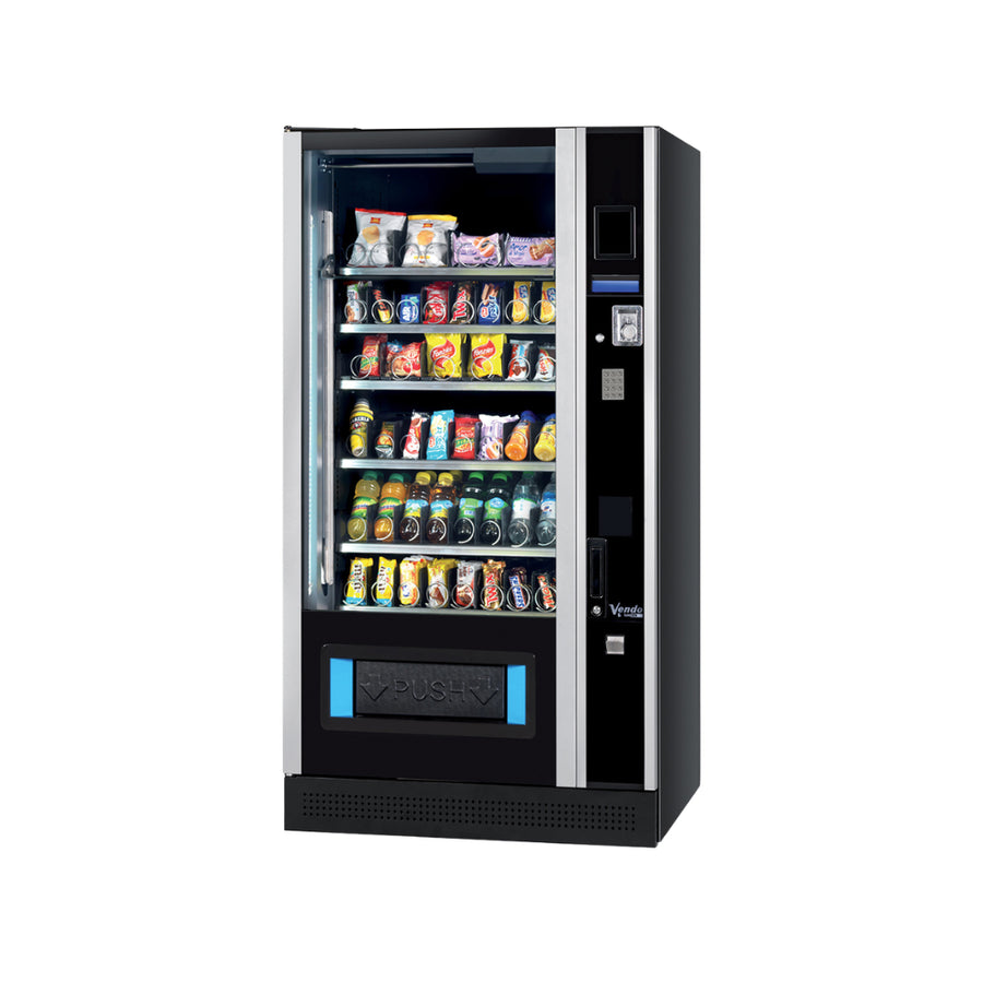 Vendo G-Snack Design 8 Refurbished snackautomaat met zilveren lijst en spiraalladen, schuin vooraanzicht