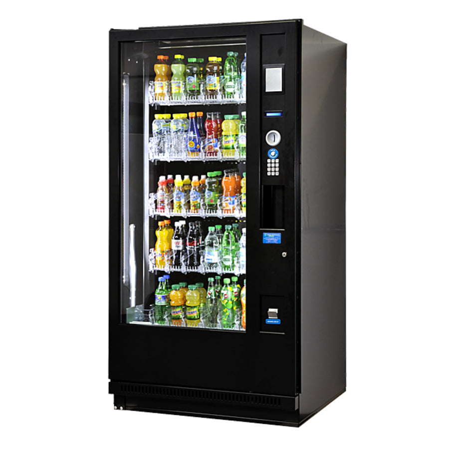 Vendo G-Drink GF6 Refurbished Getränkeautomat in Schwarz mit Flaschen, schräge Vorderansicht