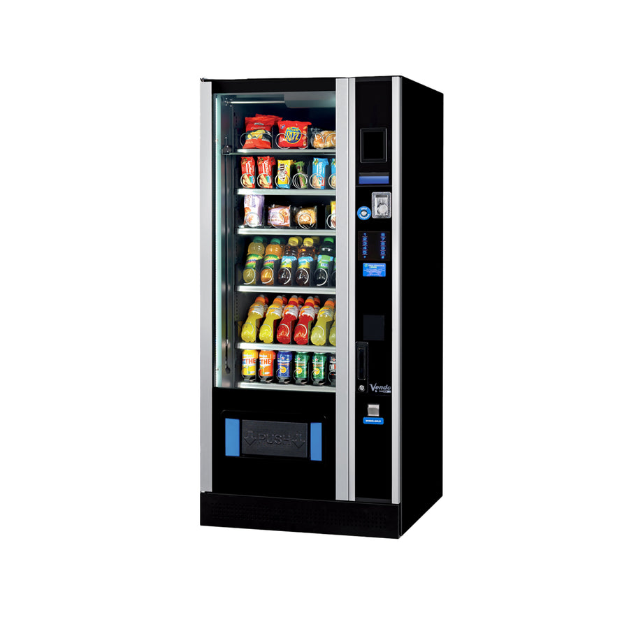 Vendo G-Snack Design 6 + Lift snackautomaat met spiraalladen en betaalpaneel, schuin vooraanzicht