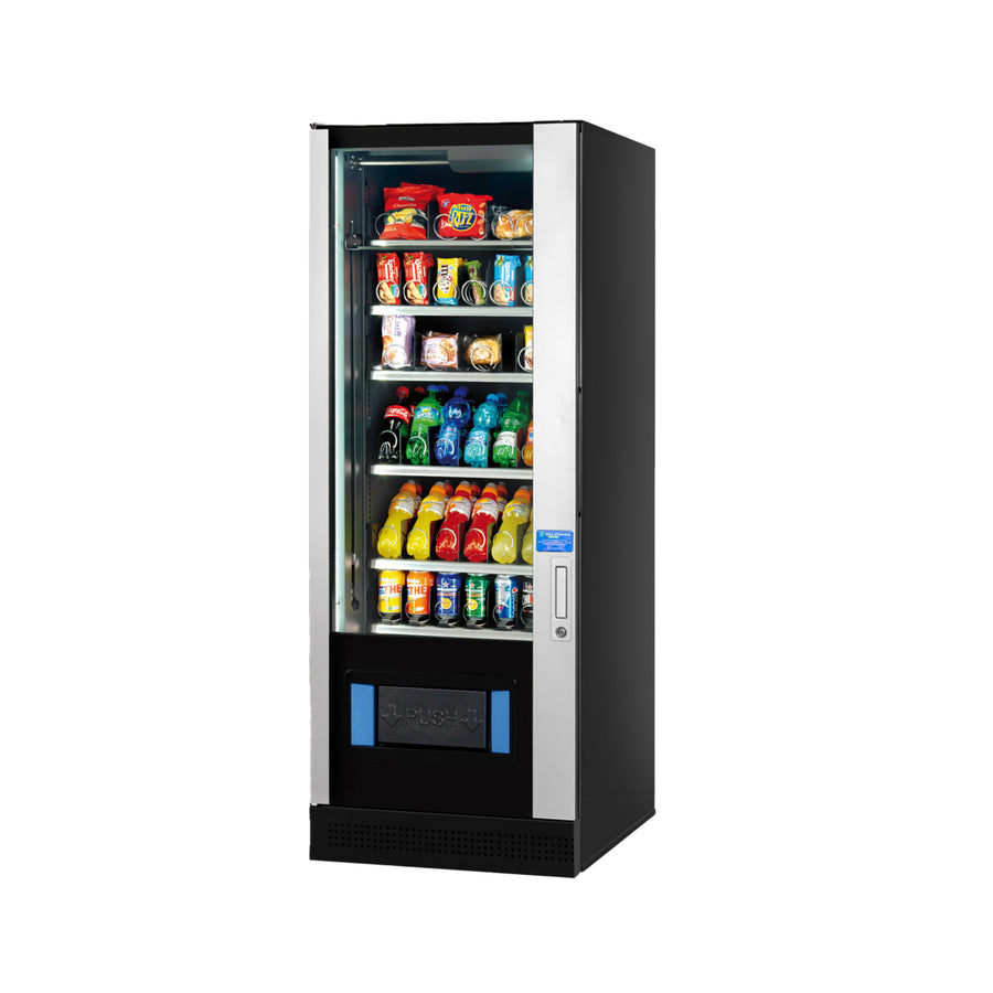Vendo G-Snack Design Connectable 6 + Lift smalle snackautomaat met zilveren lijst, schuin vooraanzicht