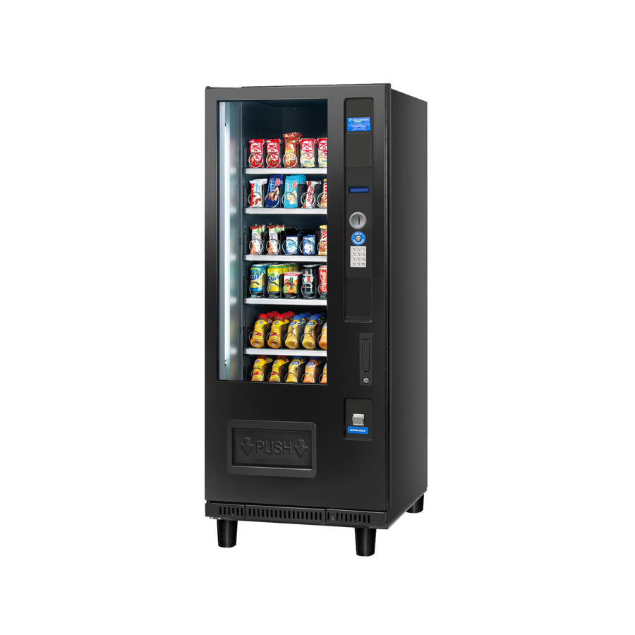 Vendo G-Snack HS5 + Lift Refurbished smalle snackautomaat in zwart, schuin vooraanzicht