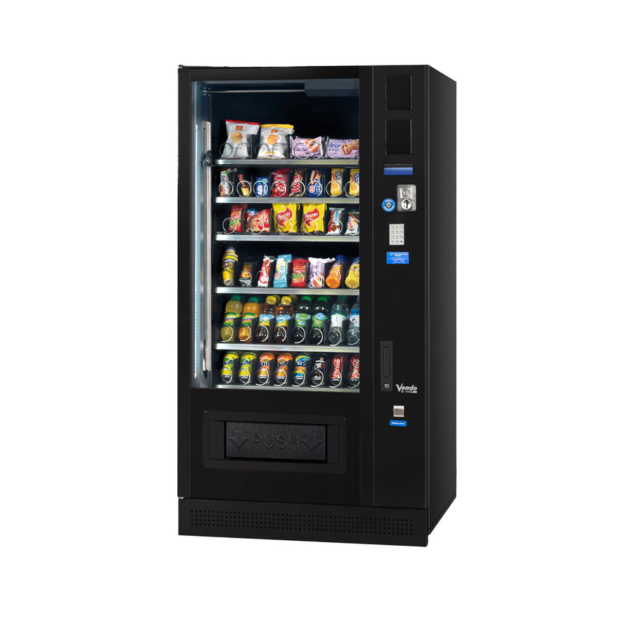 Vendo G-Snack Standard 8 + Lift Refurbished snackautomaat in zwart met spiraalladen, schuin vooraanzicht