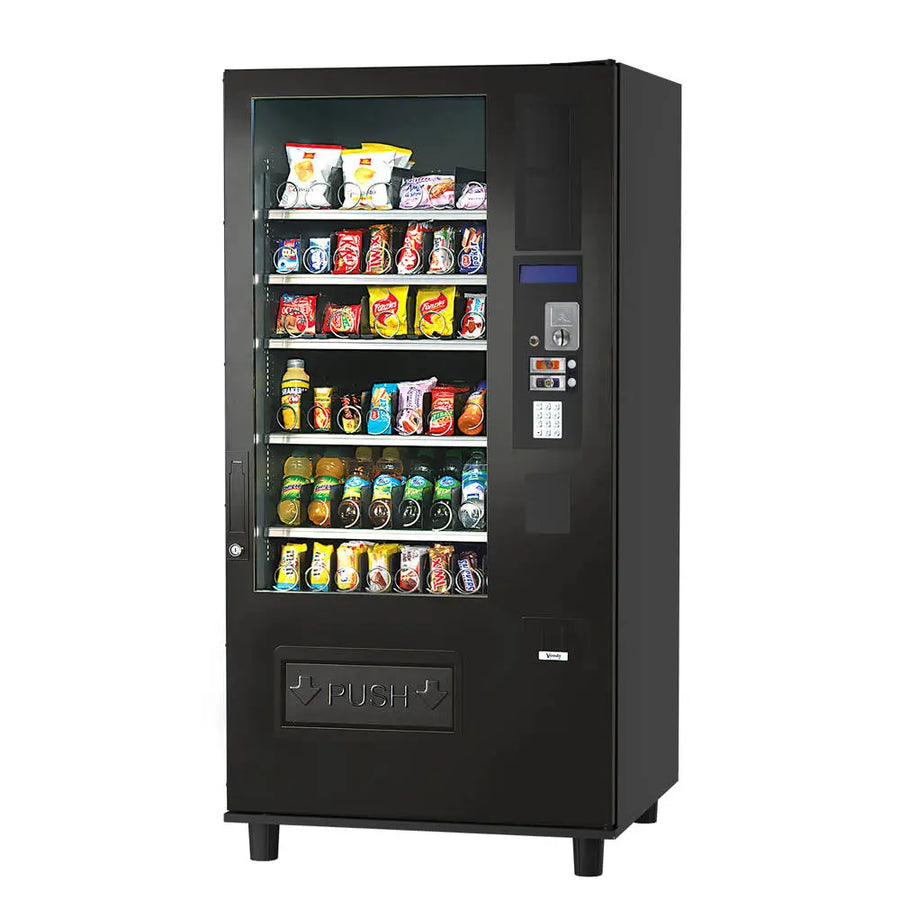 Vendo G-Snack Budget Combi 8 snackautomaat BB8, schuin vooraanzicht met snacks en flesjes